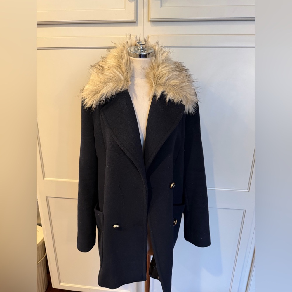 Eliza J Navy Coat with Faux Fur Collar